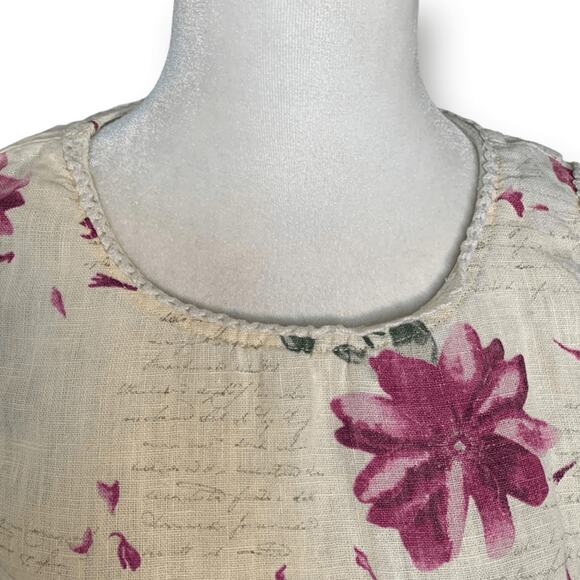 Vintage 90s Maxi Dress Cream Linen Purple Floral Script Print Sleeveless Lace - Picture 3 of 14